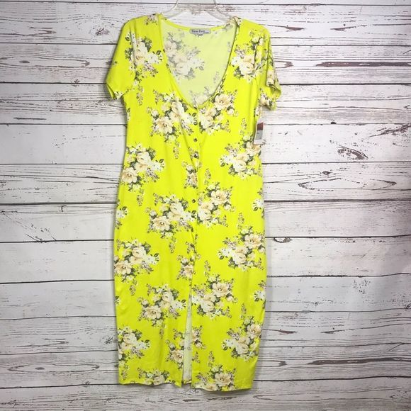 NWT Yellow Floral Snap Button Midi Dress - Picture 3 of 7